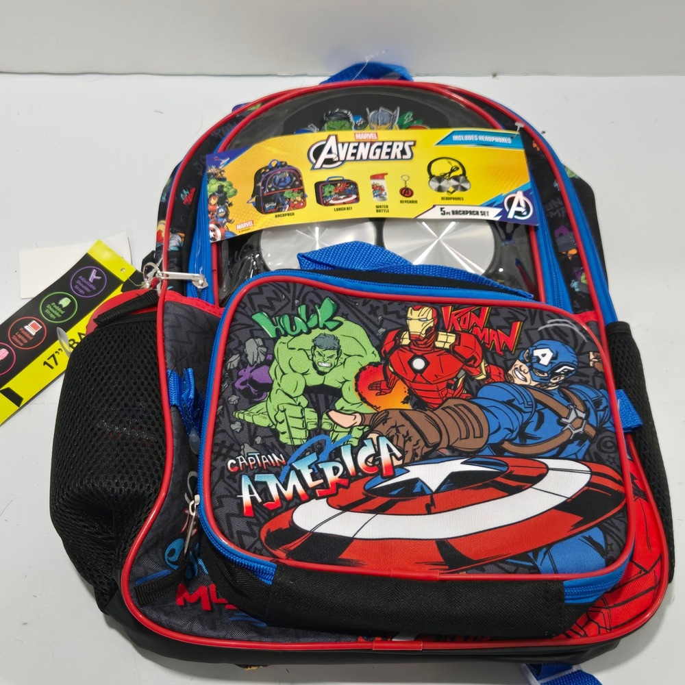 Marvel Avengers 5pc Backpack Set Lunch Kit Water Bottle Headphones Keychain NWT